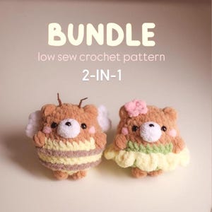 May include: A crochet bundle featuring two adorable amigurumi figures. One is a bear dressed as a bee with yellow and brown stripes, the other a bear with a pink flower and a green and yellow skirt. The text "BUNDLE", "low sew crochet pattern", and "2-IN-1" is displayed.