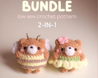 Bundle 2-in-1 Bear bee low sew Flower bee crochet pattern plushie amigurumi digital tutorial pdf