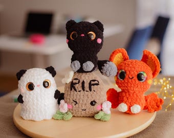 Patrón de crochet amigurumi kawaii de Halloween: fantasma, murciélago, gato y lápida (patrón PDF)