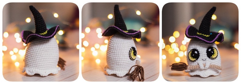 Pu&ograve; includere: Un fantasma bianco all'uncinetto che indossa un cappello da strega nero con un bordo viola e tiene una scopa marrone. Il fantasma ha occhi gialli e una bocca sorridente.