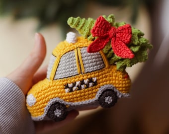 Christmas tree Taxi crochet pattern cute amigurumi car red bow