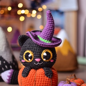 Black cat Halloween Crochet pattern in pumpkin pdf Englisch Español image 4