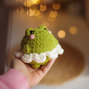 May include: A green crocheted frog wearing a white crocheted skirt. The frog has pink cheeks and black eyes. The frog is being held in a hand.