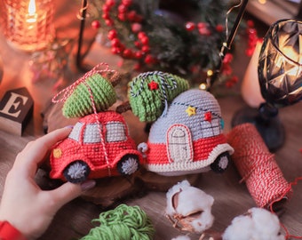 Red car Crochet pattern amigurumi Trailer Christmas decor green tree pdf
