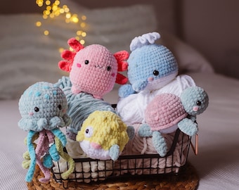 Combo 5in1 Puffy fish jellyfish whale turtle axolotl Crochet set of pattern 5in1 amigurumi