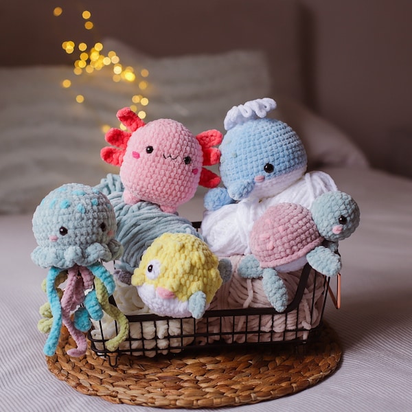 Combo 5in1 Puffy Fisch Qualle Wal Schildkröte Axolotl Häkelanleitung Set 5in1 Amigurumi