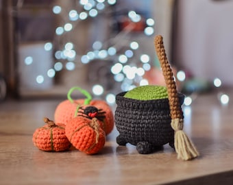 Crochet pattern  Witch Cauldron  Magic Broom Pumpkin  Halloween Amigurumi pdf