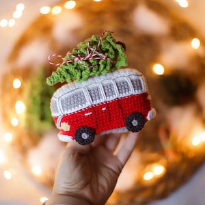 Red car minivan Crochet toy amigurumi with Christmas tree camper Bus Vintage Ice cream