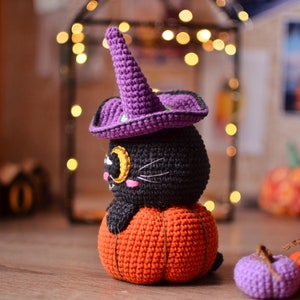 Black cat Halloween Crochet pattern in pumpkin pdf Englisch Español image 3