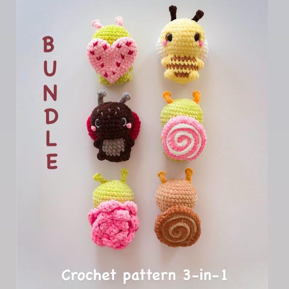 Bugs crochet pattern Bundle 3in1 Plushie Pattern. PDF Amigurumi Low sew Heart Rose Easy Beginner