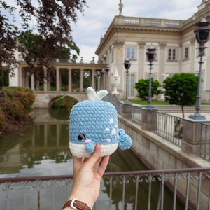 May include: A blue and white crocheted whale plush toy held in front of a classical building with a pond in the foreground.
