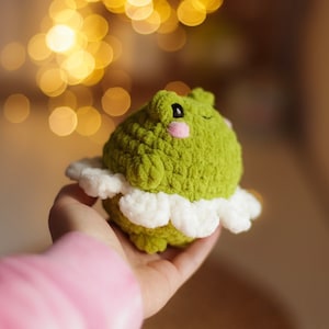 May include: A green crocheted frog wearing a white crocheted tutu. The frog has black eyes and pink cheeks.