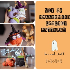 Set of Halloween crochet  patterns Owl magic Claude Pumpkin Ghost Candy corn