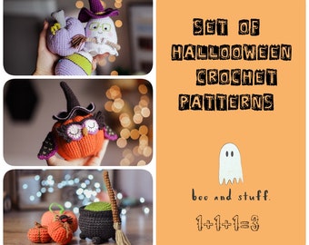 May include: A collection of handmade crochet Halloween decorations, including a pumpkin, ghost, and owl, with a witch's hat. The image also features a cauldron, pumpkins, and a broom. Text on the image reads "SET OF HALLOWEEN CROCHET PATTERNS" and "boo and stuff. 1+1+1=3."