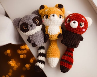 Lemur Red Panda Fox Low sew Combo 3in1 crochet pattern kawaii plushie amigurumi animals no sew