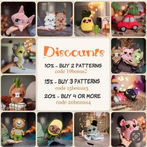 May include: A collage of crocheted amigurumi toys, including a pineapple, a llama, a shark, a seahorse, a sloth, a cat, an octopus, an avocado, a pig, and a lion. The image also includes text that reads "Discounts" and lists discount codes for buying multiple crochet patterns.