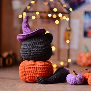 Black cat Halloween Crochet pattern in pumpkin pdf Englisch Español image 5