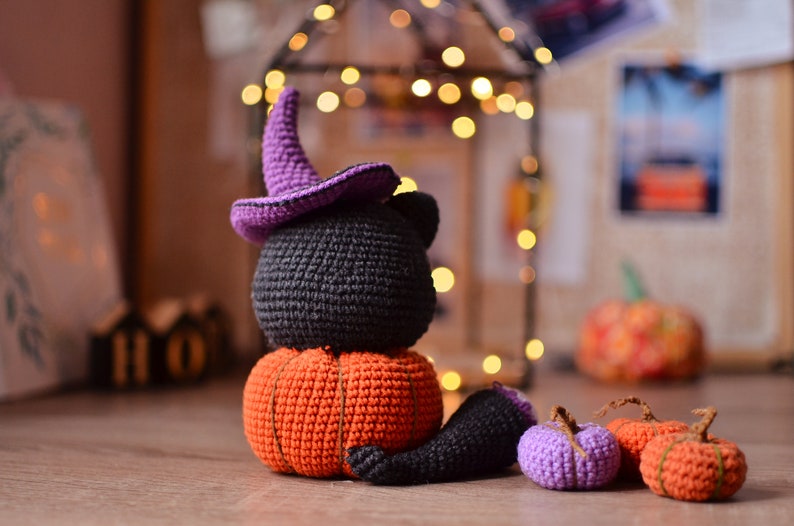 Black cat Halloween Crochet pattern in pumpkin pdf Englisch Español image 5