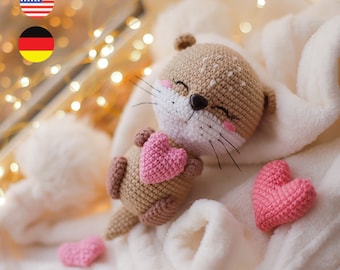Crochet pattern Valentine’s Day amigurumi animal toy otter with heart