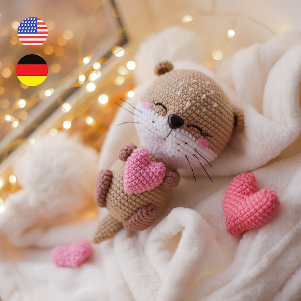 Crochet pattern Valentine’s Day amigurumi animal toy otter with heart