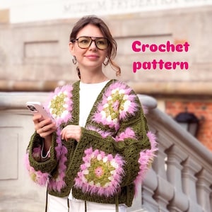 Granny square cardigan Sweater crochet pattern (Instant PDF Download)