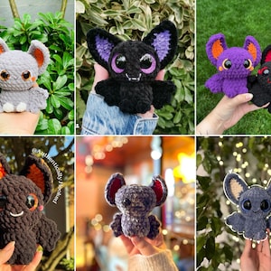 Puede incluir: Una colecci&oacute;n de peluches de murci&eacute;lago de crochet en varios colores, incluyendo gris, negro, morado y azul. Cada peluche tiene ojos grandes y saltones y una expresi&oacute;n linda y amigable. Los murci&eacute;lagos est&aacute;n sosteniendo sus alas extendidas, como si fueran a volar.