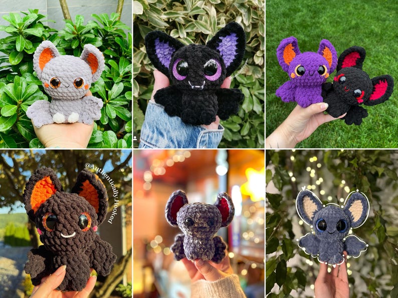 Puede incluir: Una colecci&oacute;n de peluches de murci&eacute;lago de crochet en varios colores, incluyendo gris, negro, morado y azul. Cada peluche tiene ojos grandes y saltones y una expresi&oacute;n linda y amigable. Los murci&eacute;lagos est&aacute;n sosteniendo sus alas extendidas, como si fueran a volar.