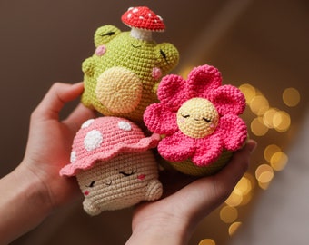 Combo 3in1 Kawaii Mushroom Frog Crochet pattern Flower amigurumi fly agaric spring decor pdf