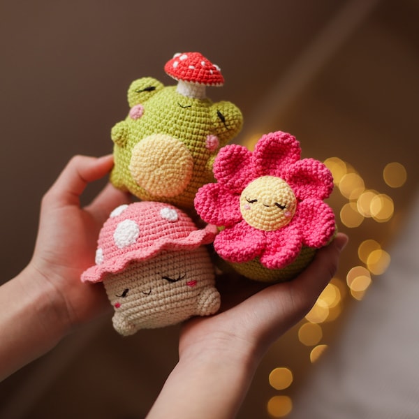 Combo 3in1 Kawaii Mushroom Frog Crochet pattern Flower amigurumi fly agaric spring decor pdf