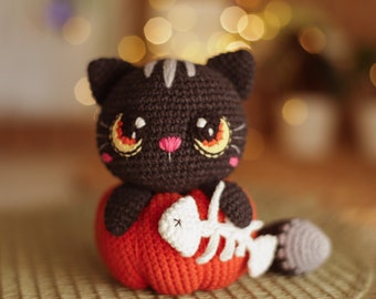 Patrón de crochet gato negro calabazas kawaii animales de Halloween amigurumi