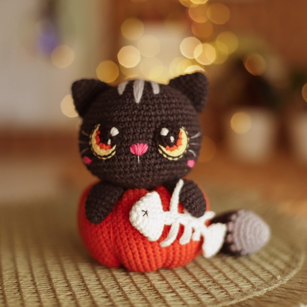 Black cat crochet pattern kawaii pumpkins Halloween amigurumi animals