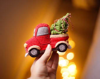 Red car Crochet pattern pickup truck amigurumi  with Christmas tree