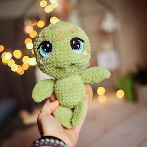 May include: A green crocheted turtle plush toy with large blue eyes and a brown shell. The toy is being held in a person's hand.