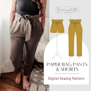 Patron de pantalons et shorts en forme de sac en papier. Patron de couture PDF imprimable et projecteur et tutoriel pour femmes. Patron de pantalon de costume.