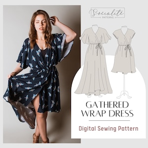 Gathered Wrap Dress Pattern. PDF sewing pattern and tutorial. Printable and projector. Women&#39;s boho dress pattern.