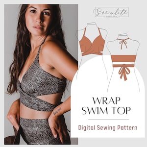 Overslagzwemtop voor dames. Printbaar pdf-patroon voor bikinitop. Patroon yogatop. Digitaal naaipatroon voor zwemkleding.