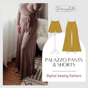 Palazzo Pants and Shorts Pattern. Women&#39;s PDF printable and projector sewing pattern and tutorial. Lounge pants pattern.