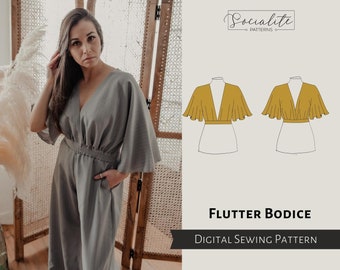 Flutter Bodice Pattern. Women's PDF printable and projector sewing pattern and tutorial. Bohemian flowy shirt.