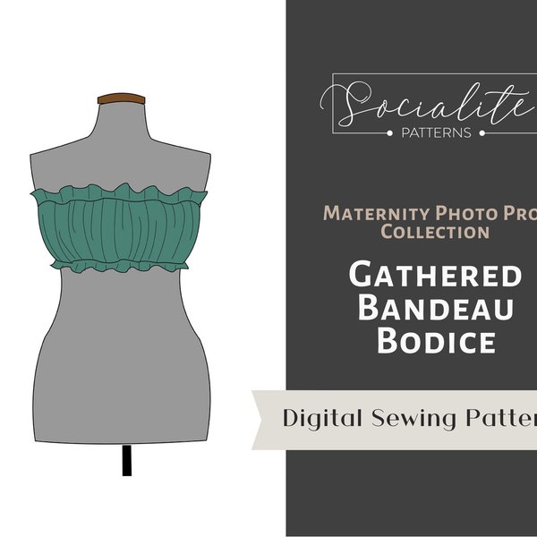 Modello PDF e tutorial per il corpetto a fascia raccolto premaman. Modello di abito di maternità fai da te per il servizio fotografico. Per maglieria o tessuti.