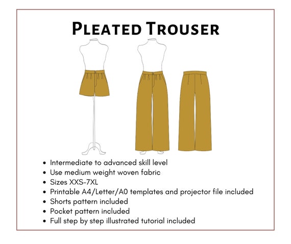 Pleated Trouser and Shorts Pattern. Women's PDF Printable and