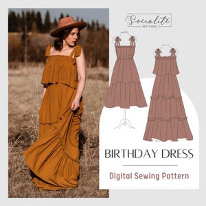 May include: A digital sewing pattern for a tiered maxi dress with a square neckline and thin straps. The dress is shown in a mustard yellow color and has a ruffled hem. The pattern is called "Birthday Dress" and is available as a digital download.