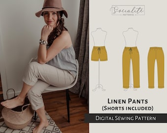 Linen Pants and Shorts Pattern. Women's PDF printable and projector sewing pattern and tutorial. Summer pants.