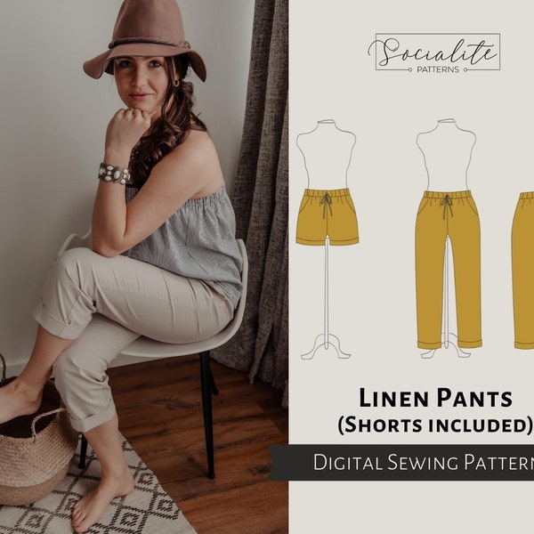 Linen Pants and Shorts Pattern. Women's PDF printable and projector sewing pattern and tutorial. Summer pants.