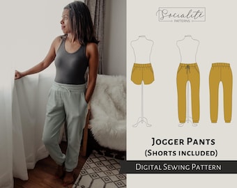 Jogger Pants and Shorts Pattern. Women's PDF printable and projector sewing pattern and tutorial. Women's lounge pants pattern.
