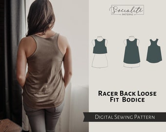 Racer Back Loose Fit Bodice Pattern. Women's PDF printable and projector sewing pattern and tutorial. Tank top pattern.