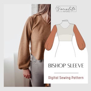 Pode incluir: Um padrão de costura digital para uma blusa de manga bispo. O padrão inclui um desenho de linha da blusa com um esquema de cores marrom e branco. O texto "Bishop Sleeve" e "Digital Sewing Pattern" está incluído na imagem.