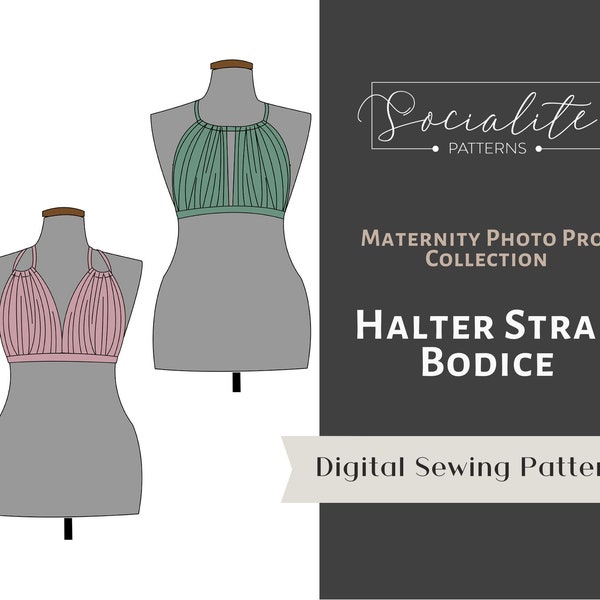 Maternity Gathered Halter bodice pattern and tutorial. For maternity gowns. For knits or wovens.