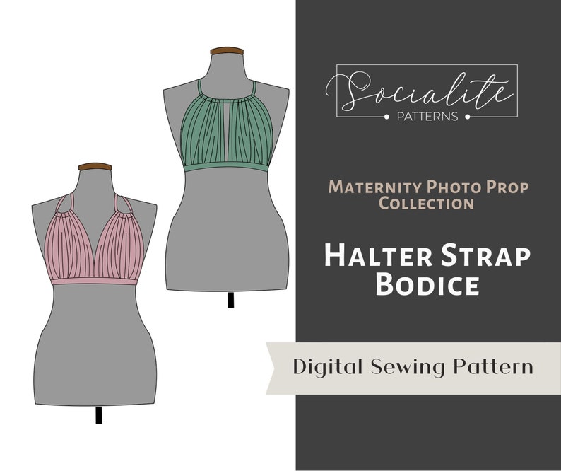 Maternity Gathered Halter bodice pattern and tutorial. For maternity gowns. For knits or wovens. 