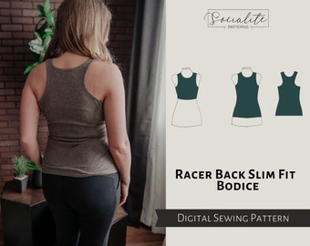 Racer Back Slim Fit Bodice Pattern. PDF printable and projector sewing pattern and tutorial. Digital tank top pattern.