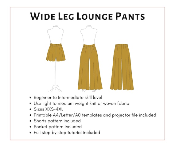 Wide Leg Lounge Pants and Shorts Pattern. Women's PDF Printable